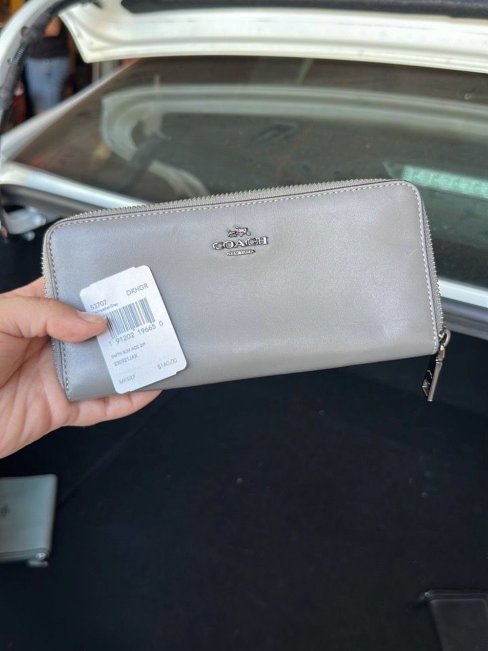Coach Light Silver Zip-Around Leather Wallet